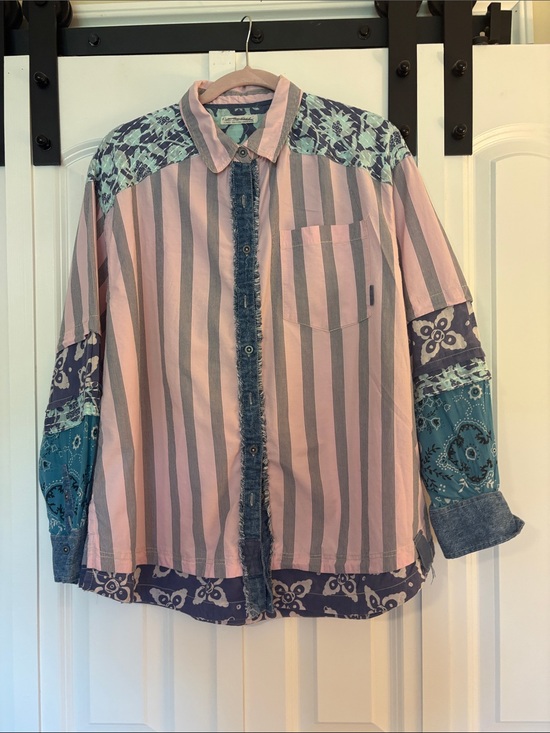 We The Free Tops - Free people Pink & Teal Striped Patchwork Button-Down Shirt